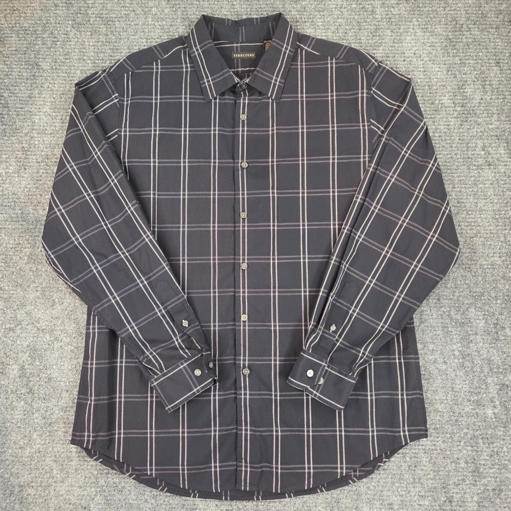 Vintage Y2K Structure Mens XL Black Grid Plaid Button Down Shirt Long Sleeve